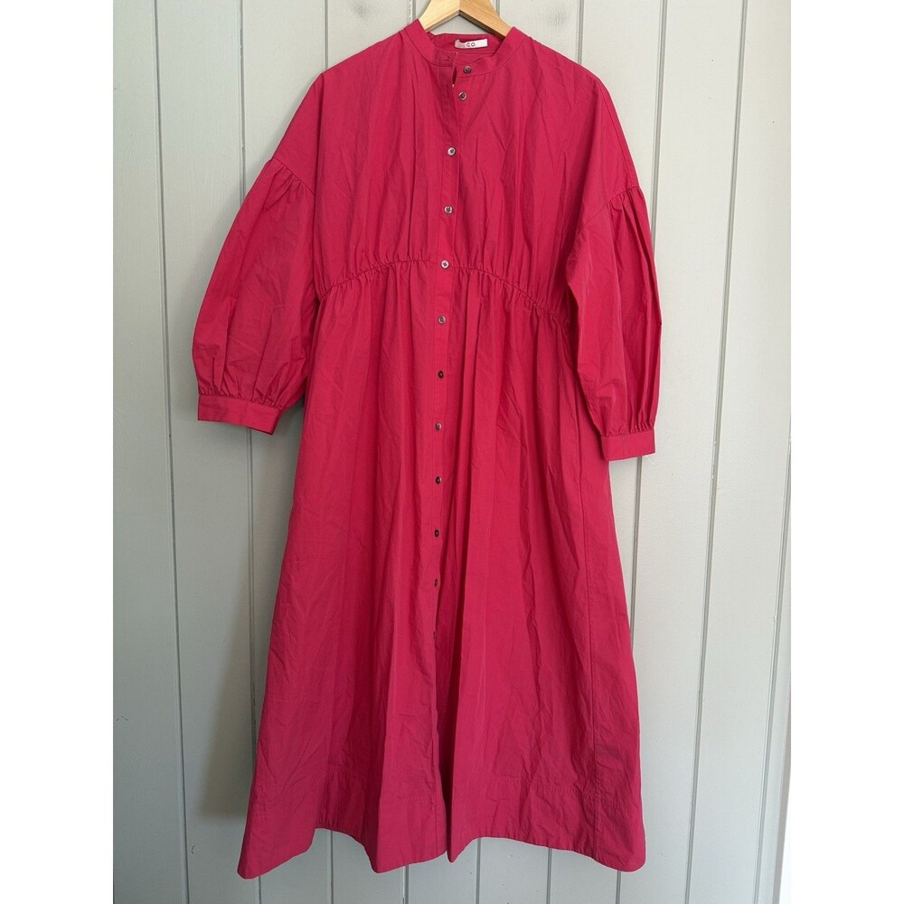 CO Gathered Poplin Midi Puff Sleeves Dress Fuchsia Pink S Small